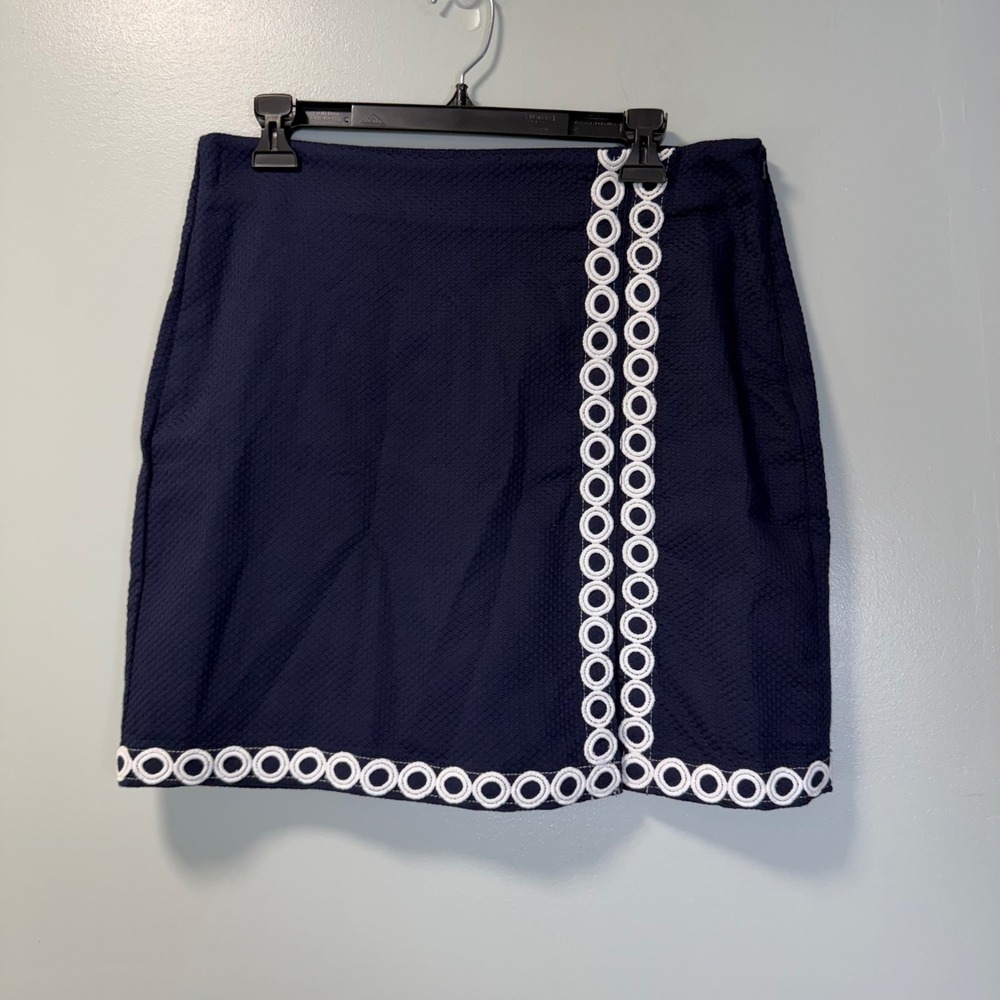 Talbots Petites Navy‎ Blue Textured Cotton Circle Trim Mini Skirt Skort 10P